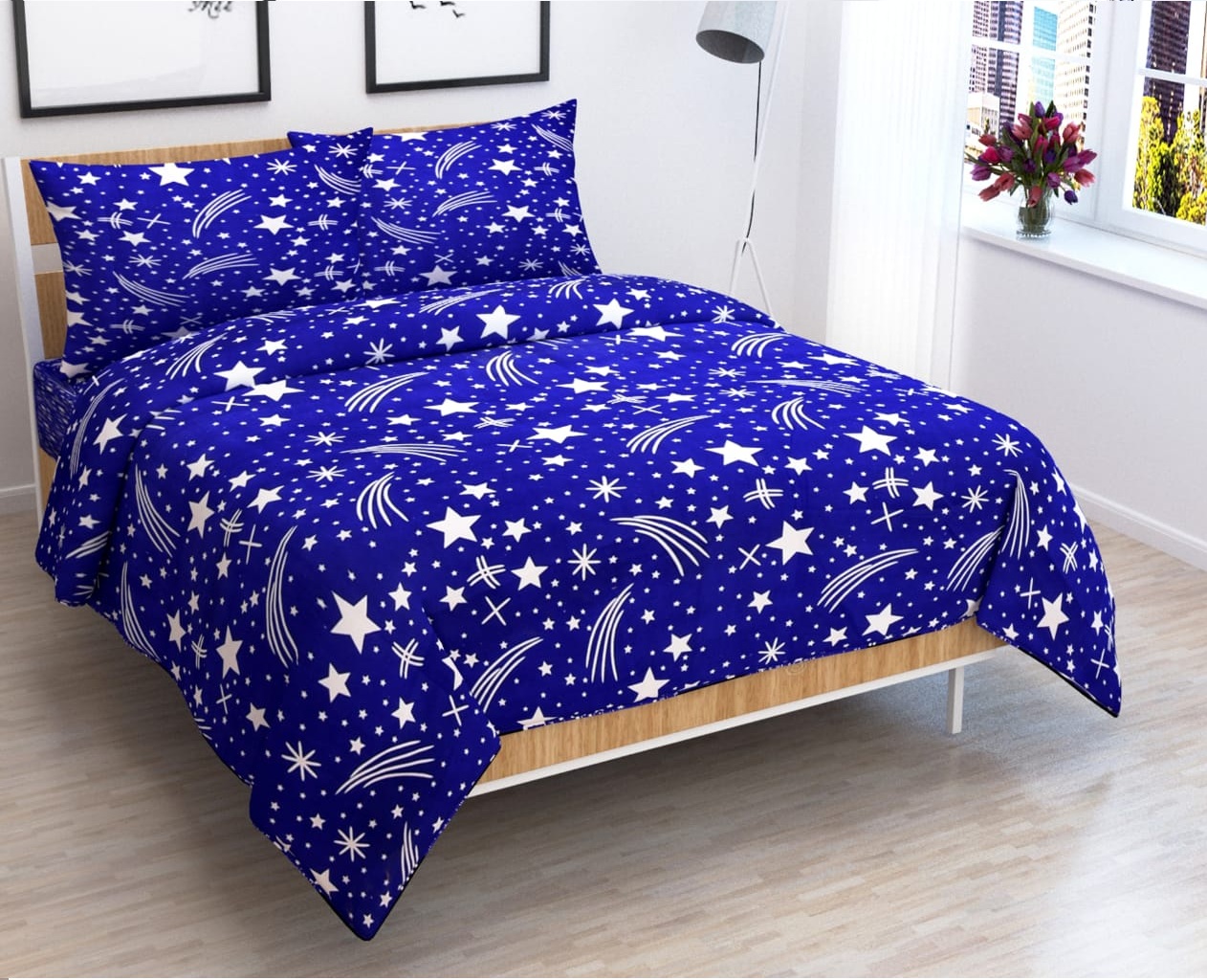 Buy Delite Blue Star Double Bedsheet + 2 Pillow Cover Pack of 1 Online