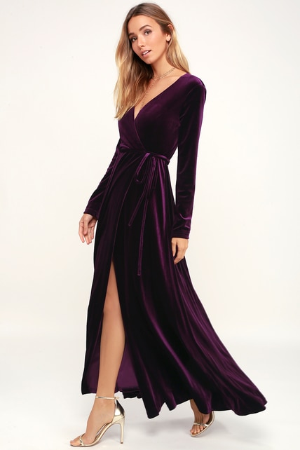 Buy Code Yellow Women S Purple Thigh Slit Velvet Winter Dress Gown
