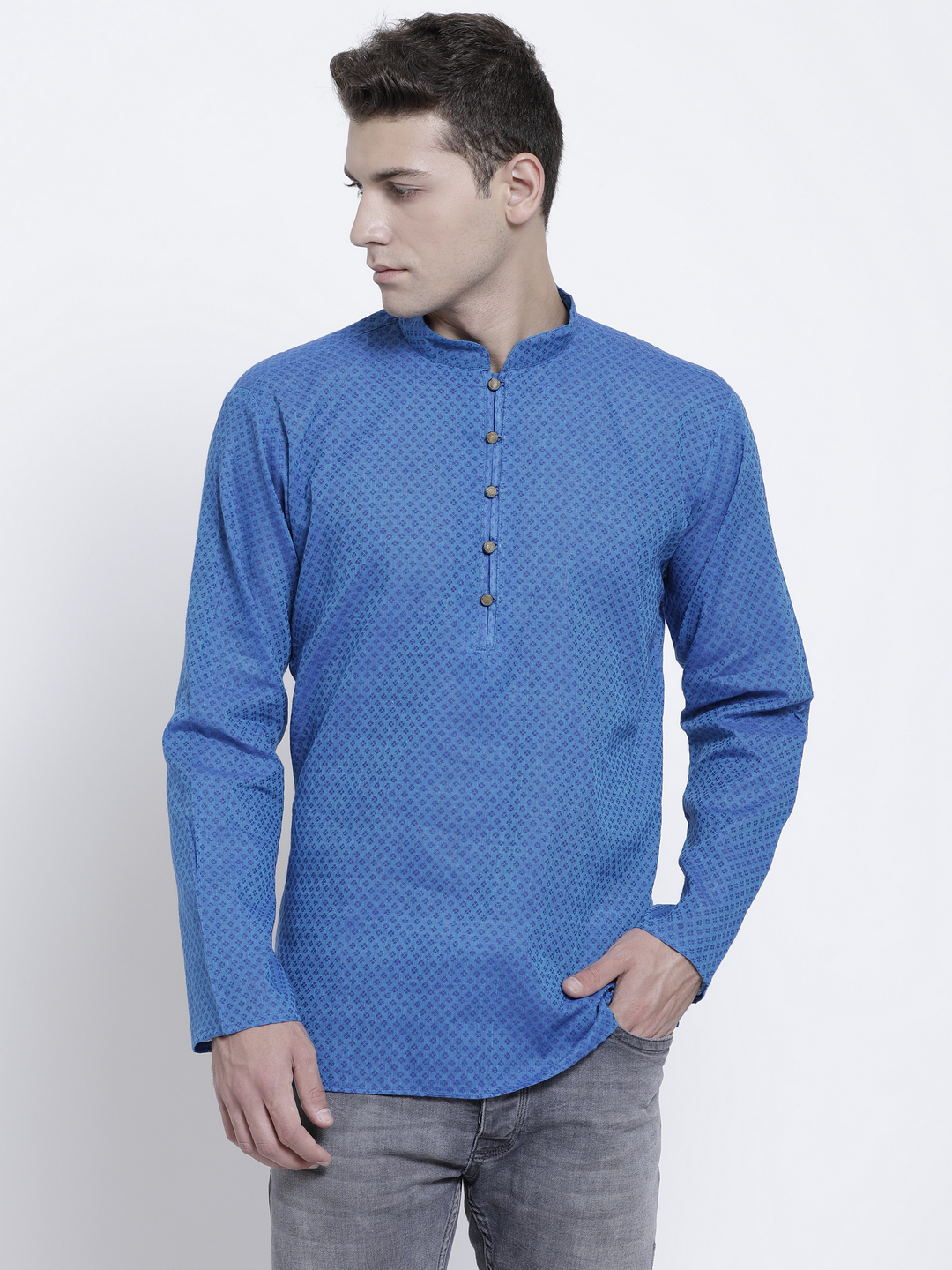 Buy RG Designers Printed Blue Full Sleeves Cotton Short Kurta for Men ...