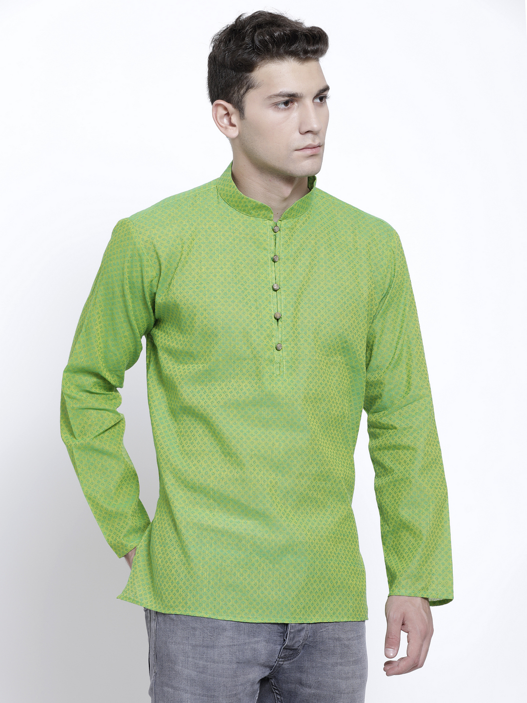 Buy RG Designers Printed Green Full Sleeves Cotton Short Kurta for Men ...