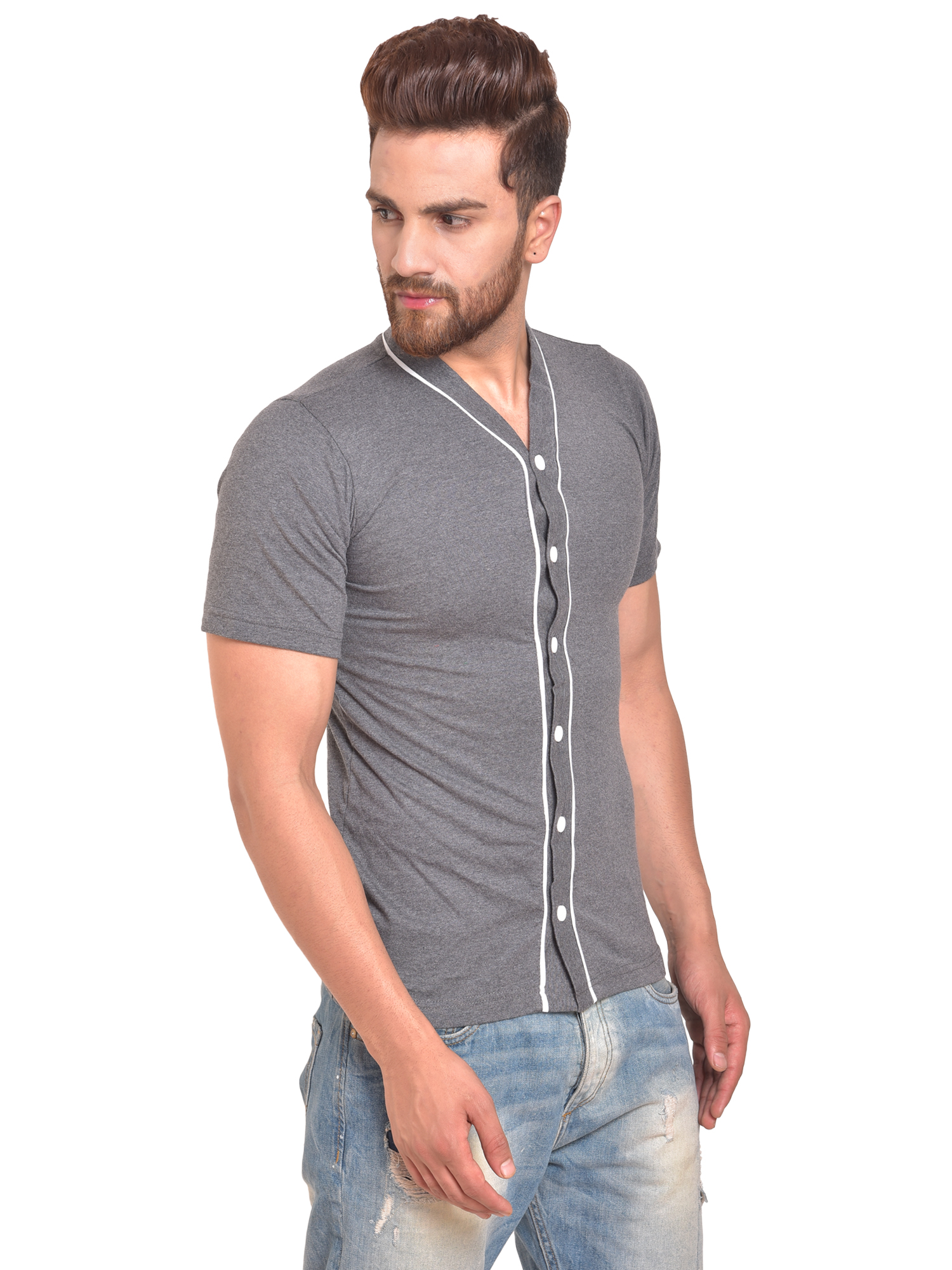 Buy Pause Grey Solid Cotton Round Neck Slim Fit Short Sleeve Mens Knitted Shirt Online ₹458 5806