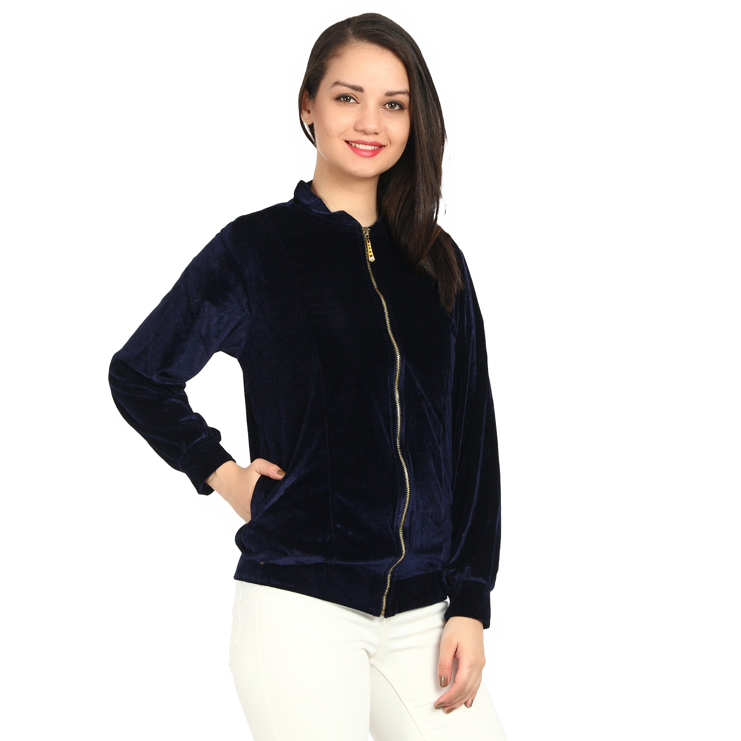 Buy Raabta Fashion Navy Velvet Full Sleeves Casual Jackets For Women ...