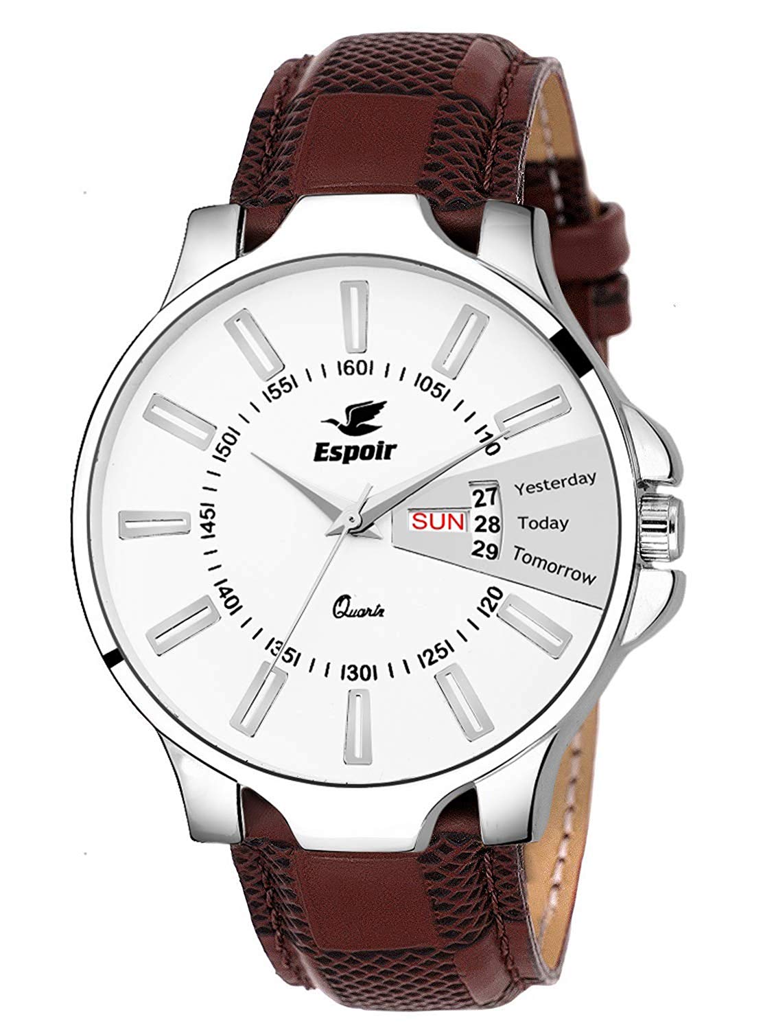 Espoir Analog White Round Dial Brown Strap Day and Date Boy's and Men's Watch   DDCheckStrap
