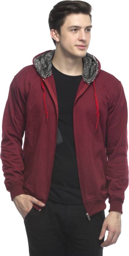 Lambency Maroon Plain Long Sleeve Hooded Casual Sweatshirts For Men