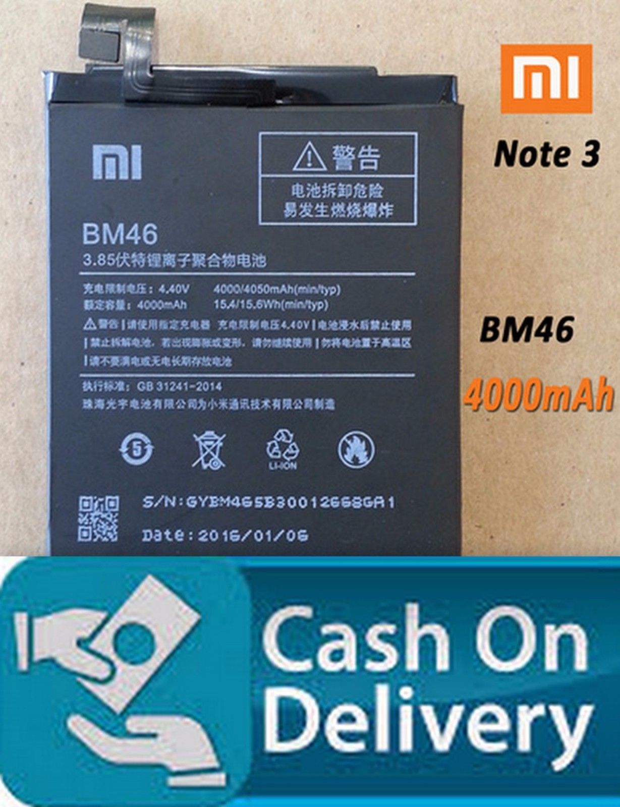 Buy Li Ion Polymer Replacement Battery BM-46 BM46 for Redmi Note 3 ...