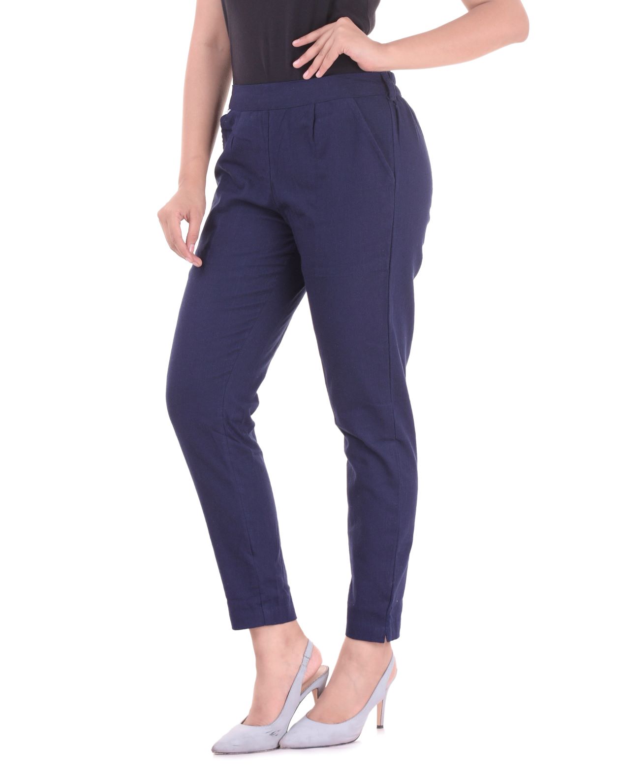 Buy Real Bottom Women Slub Cottton (Navy Blue) Solid Pants Online ...