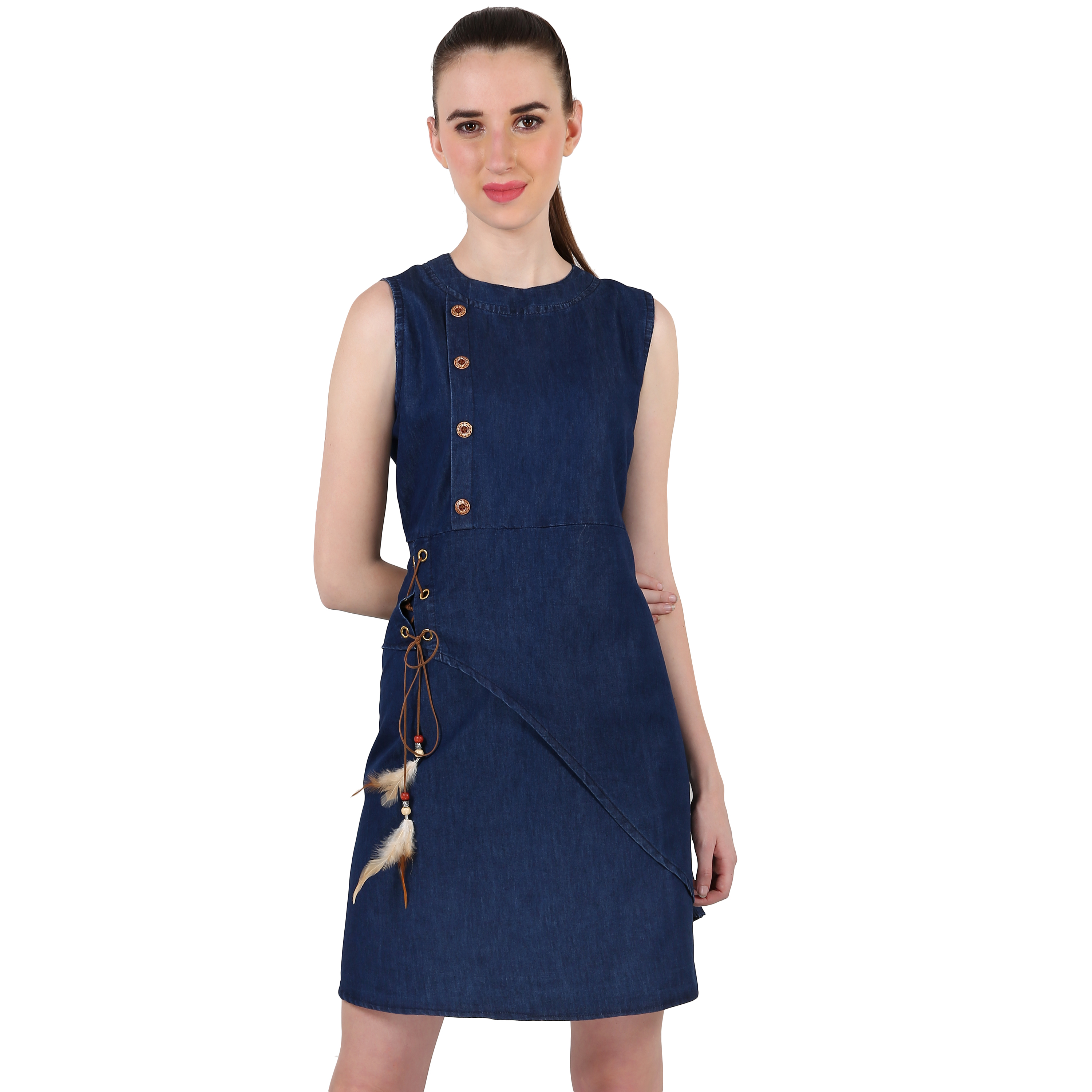 Buy Buy Different Denim Women's Self Design Sleeveless Midi Dress{Navy