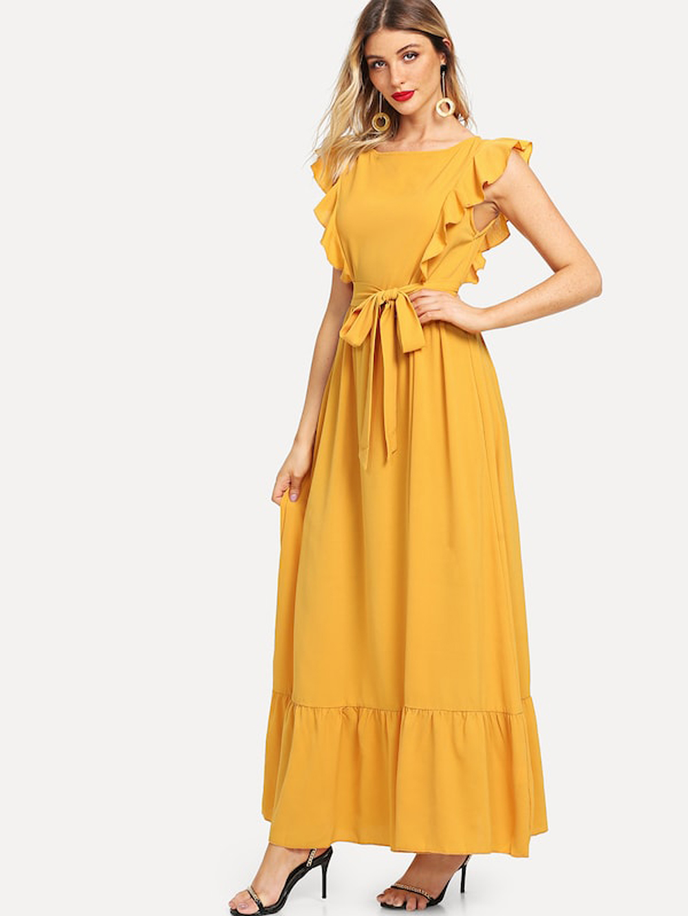 Buy Vivient Mustered Frill Shoulder And Hem Self Belted Dress Online ...