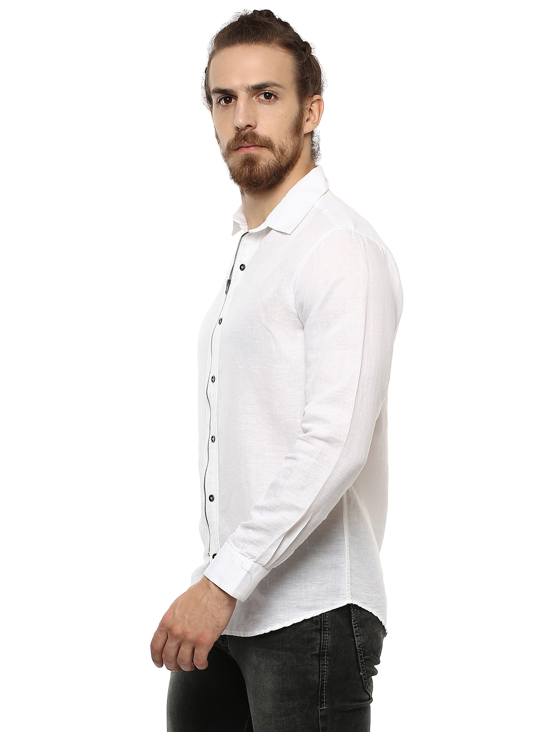 Buy Mufti Plain White Linen Full Sleeves Shirt with Front Zipper Online ...