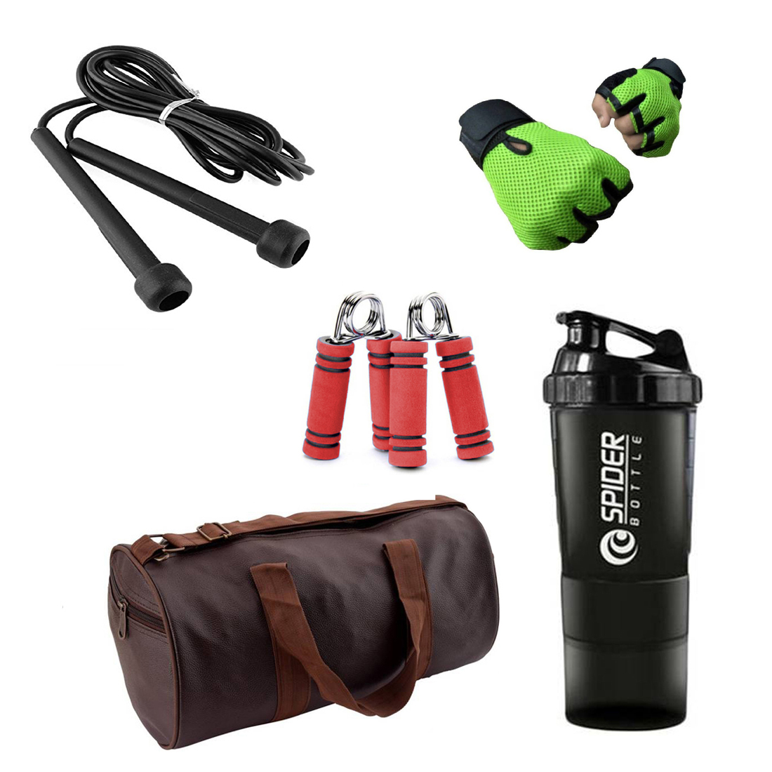 Buy Combo Of Leatherite (Brown) Gym Bag, Gloves (Green), Spider Shaker