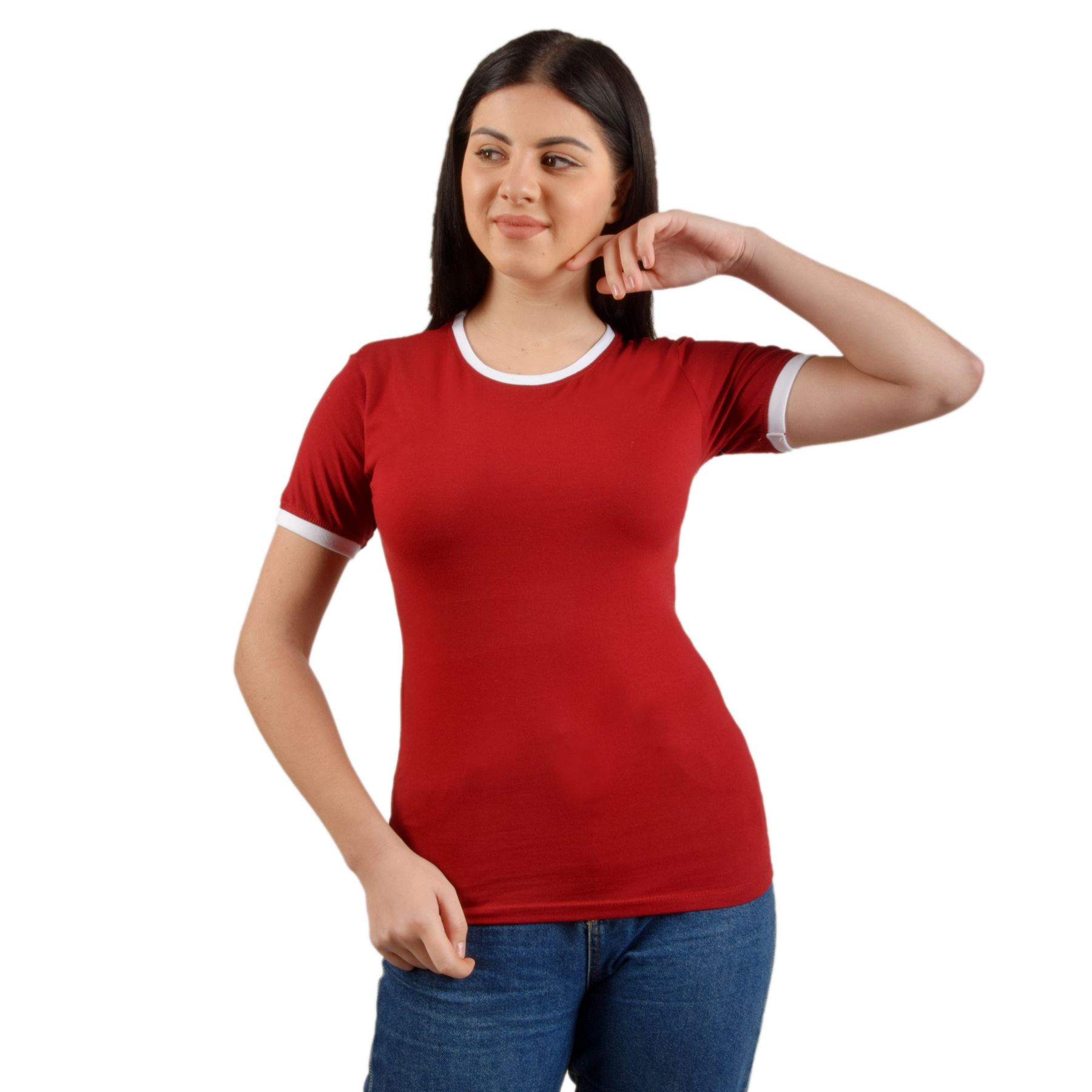 Antares Women Solid Round Neck Ringer T Shirt Half Sleevse Maroon
