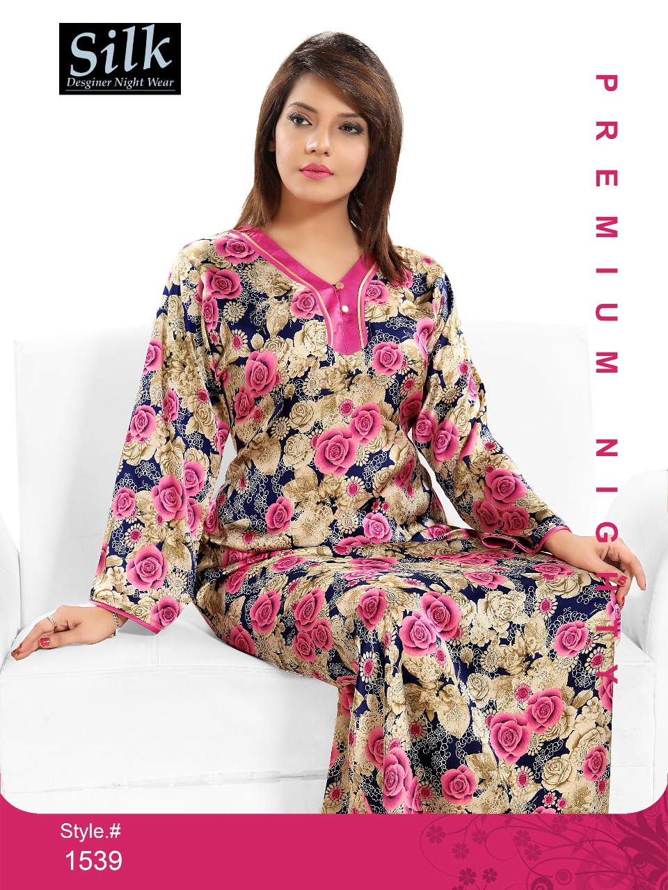 Buy Women's Printed Nighty 1539 Pink Full Sleeves Satin Night Gown Lounge Wear Womens Bed Slip 