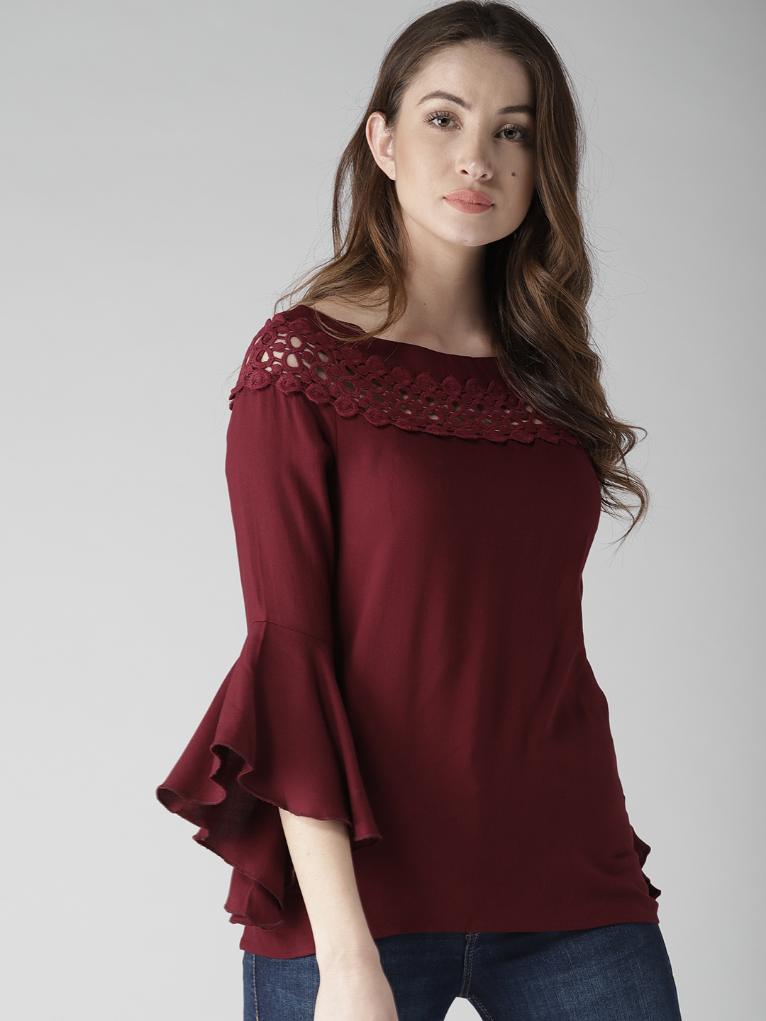 Raabtaa Fashion Casual Plain Maroon Rayon Basic Full Sleeves Top For Women