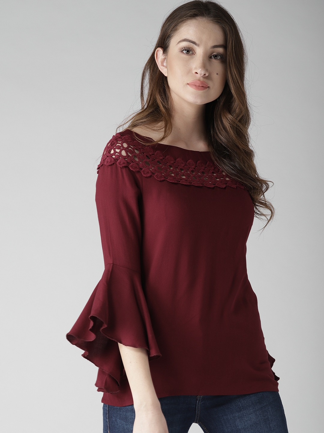 Buy Raabtaa Fashion Casual Plain Maroon Rayon Basic Full Sleeves Top 