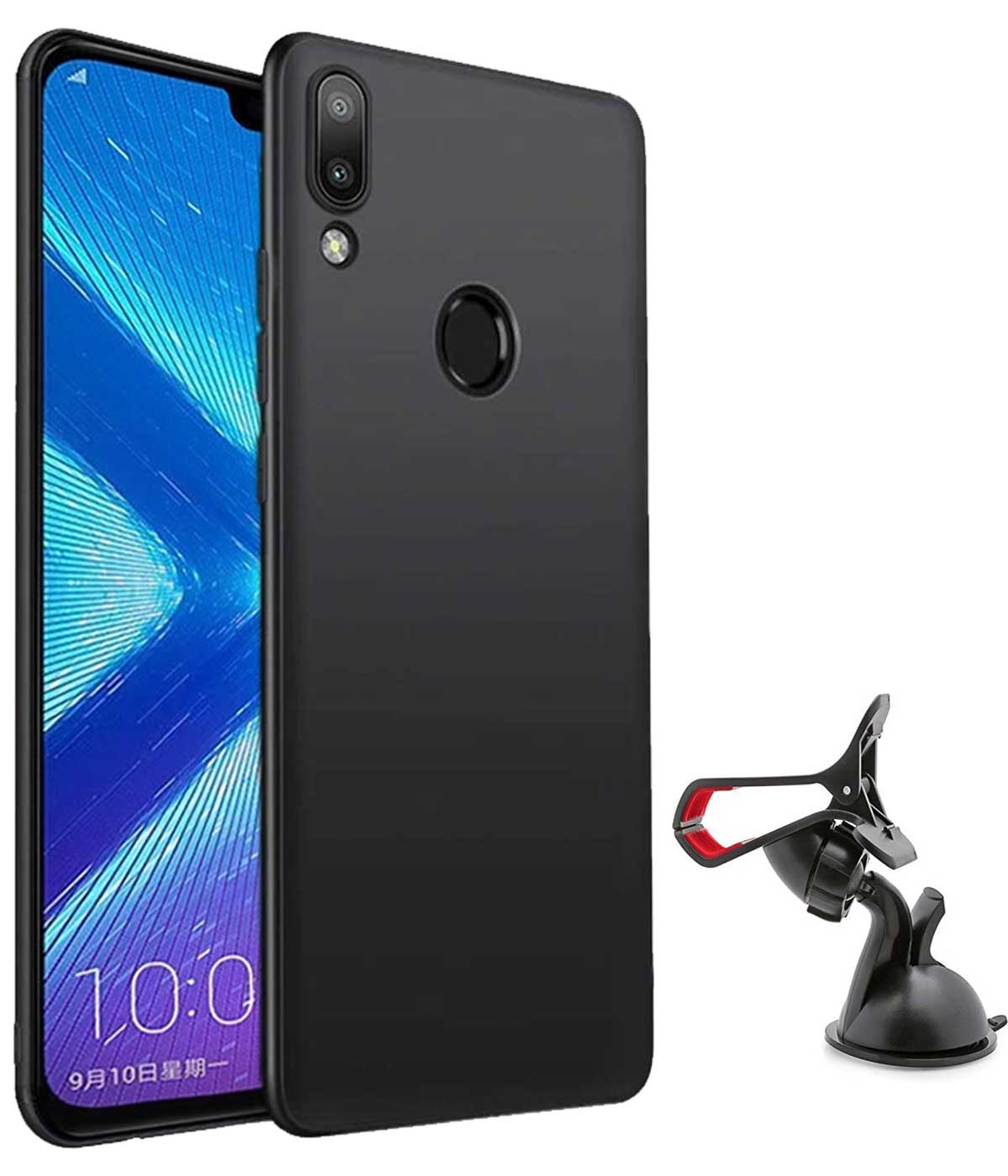 TBZ All Sides Protection Hard Back Case Cover for Huawei Honor 8X with Mobile Car Mount Holder Stand Black
