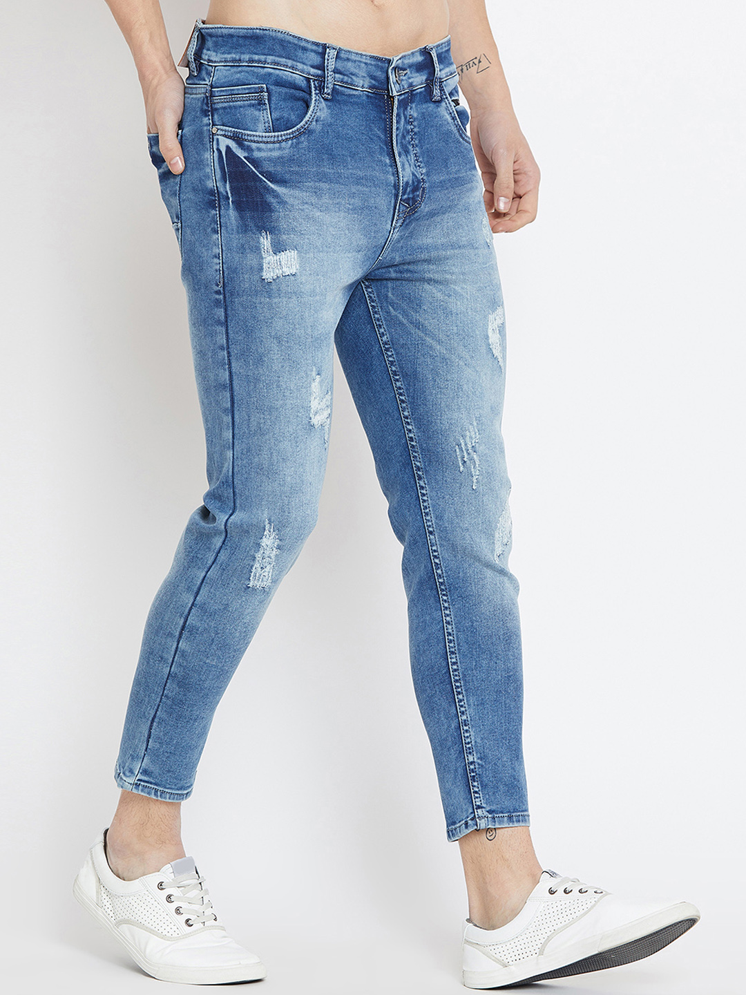 Buy Stylox Men Slim Fit Mid Rise Light Blue Damage Jeans Online @ ₹1199 ...