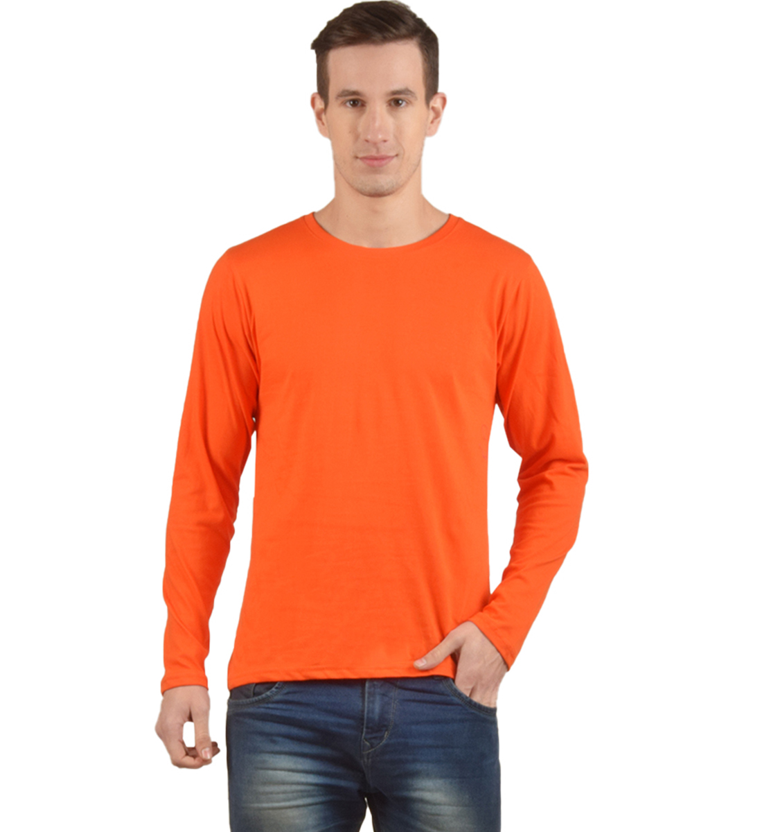 Buy Orange Plain T-Shirt Full Sleeves Round Neck Cotton T-Shirt Online ...