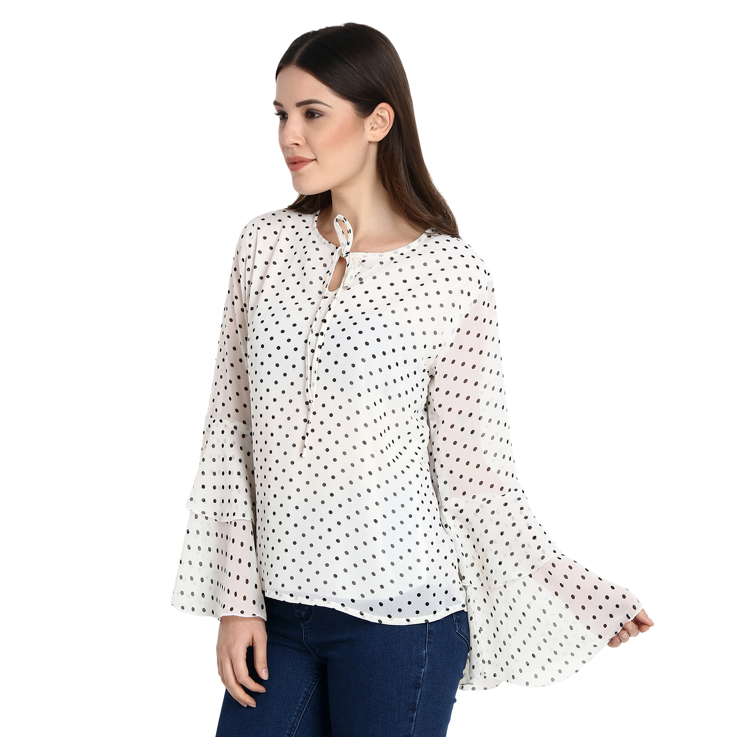 Buy Rosella White With Black Pin Dot Print Bell Sleeve Top Online ₹999 From Shopclues 6752