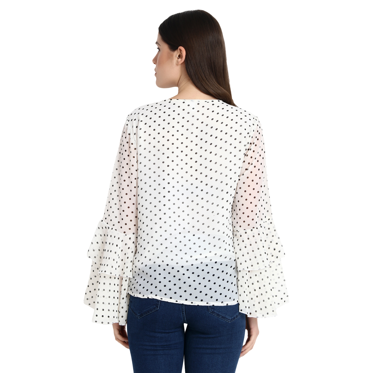 Buy Rosella White with Black Pin dot Print Bell Sleeve Top Online ...