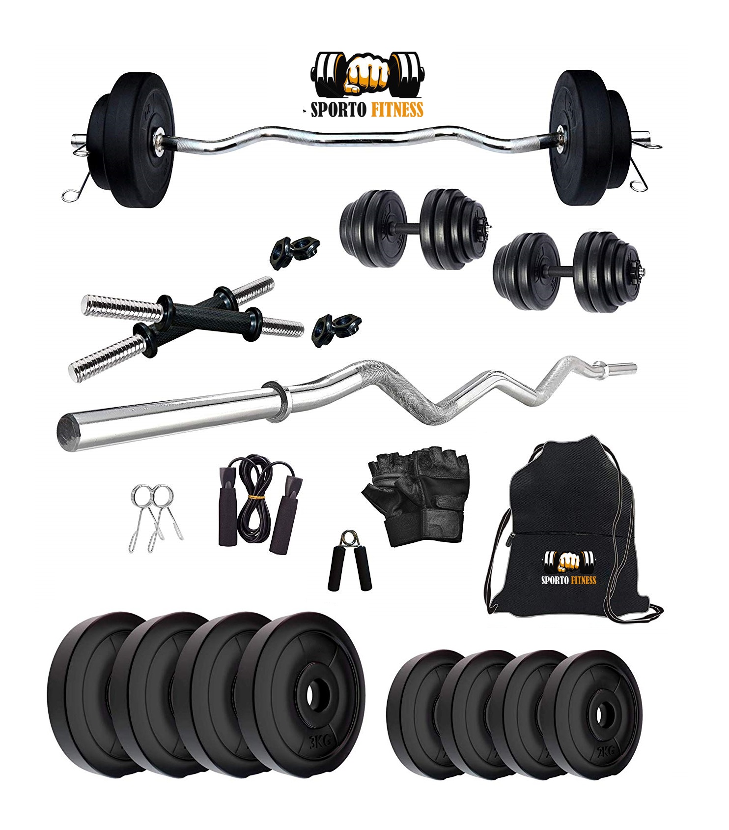 Buy SPORTO FITNESS K-PVC 20kg Combo 3 Leather Home Gym And Fitness Kit ...