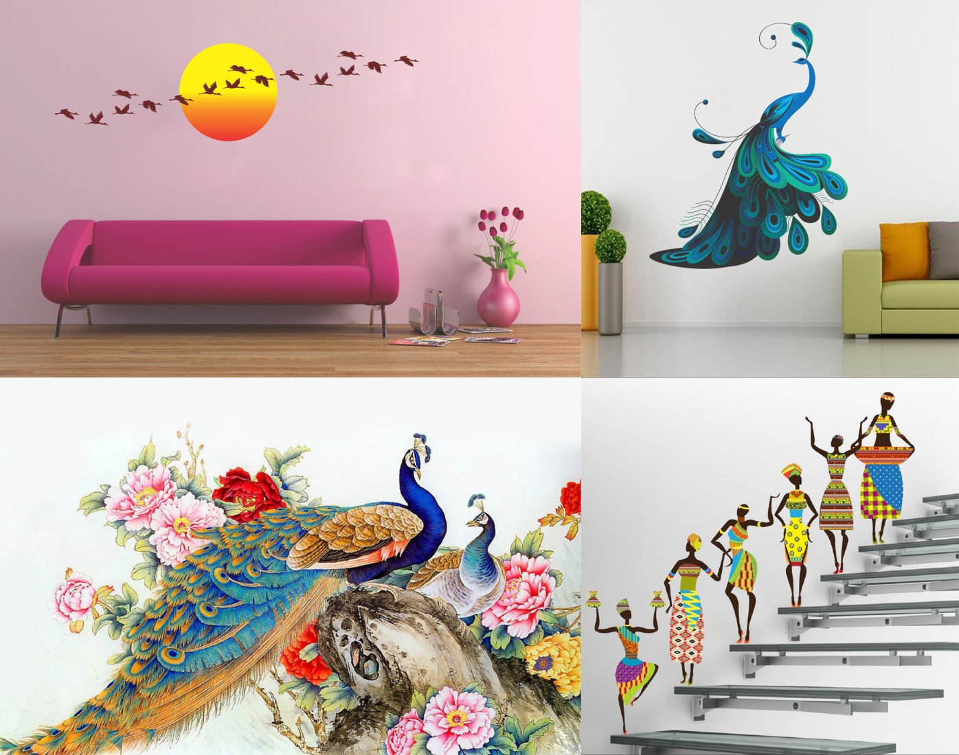 Eja Art Set of 4 Multicolor Wall Sticker Royal Peacock|Modern Peacock|Sunrise With Flying Bird|Tribal Lady Material   Vinyl
