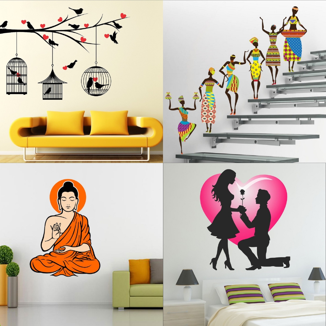 Buy Eja Art Set of 4 Multicolor Wall Sticker Love Birds With Hearts ...