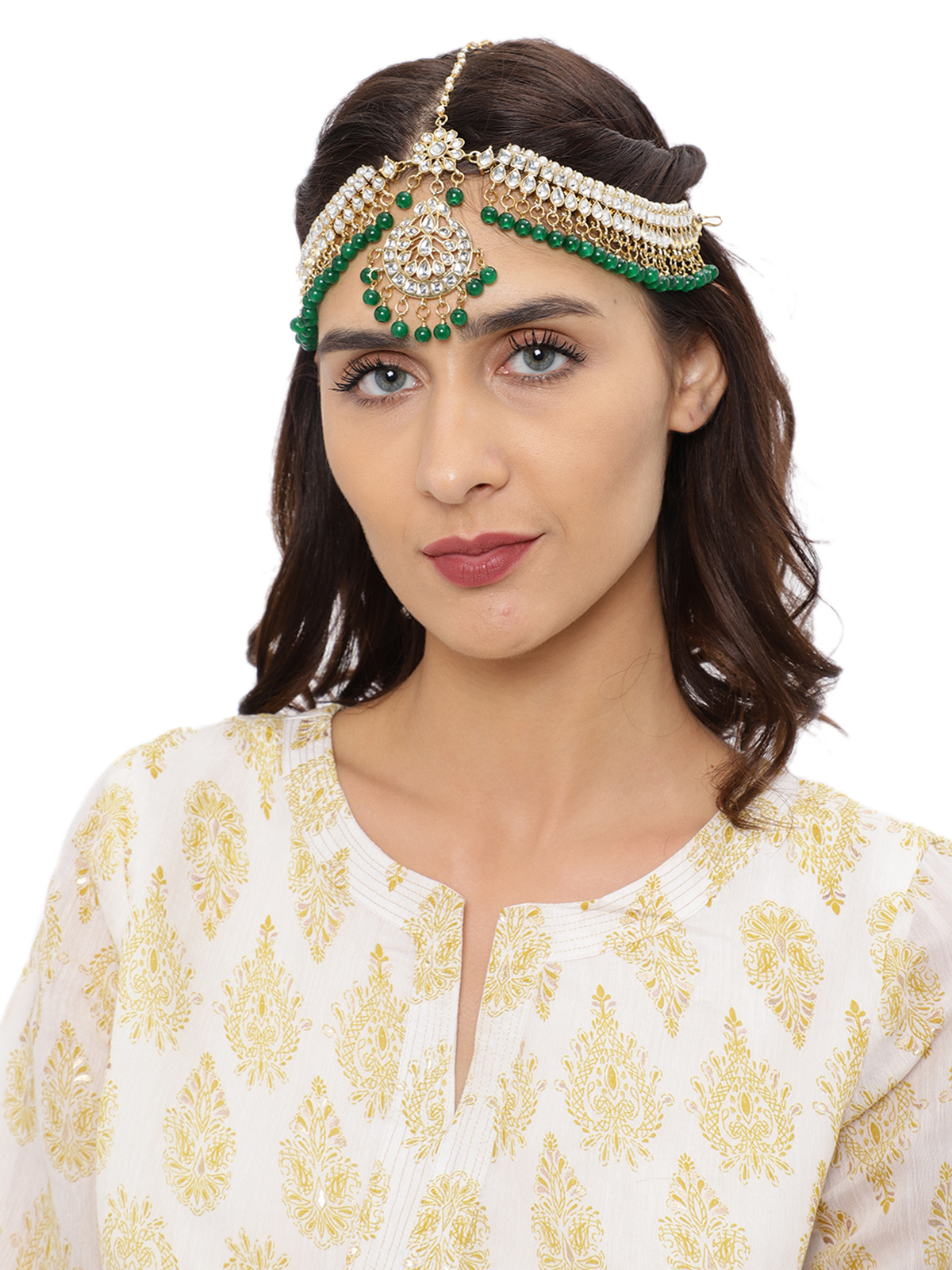 Gold Finish Green Kundan Mathapatti In Mix Metal main image 1