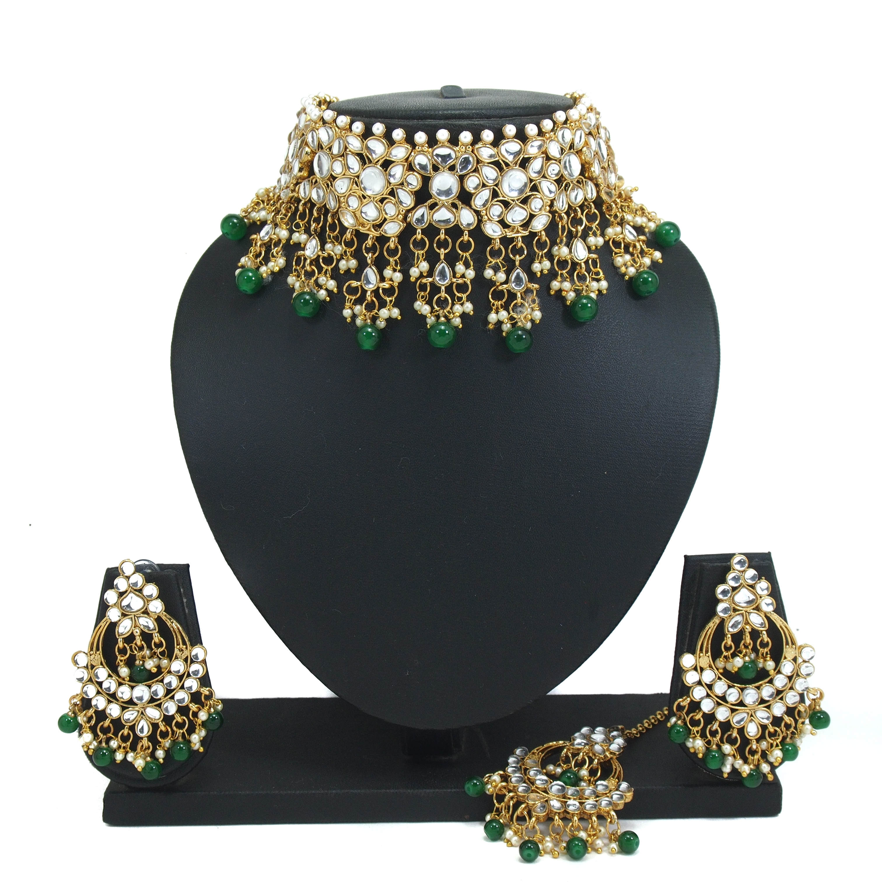 Buy Padmavati Bangles Bridal Green Beaded Kundan Choker Necklace Dangler Earrings Mang Tikka