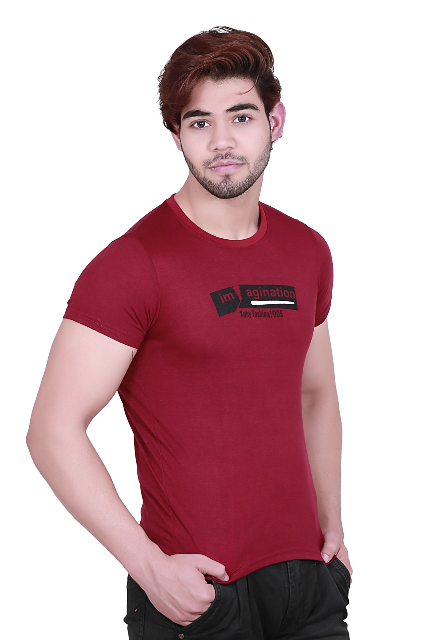 Buy MEN'S HALF SLEEVE ROUND NECK COTTON PRINTED MEHROON TSHIRT Online