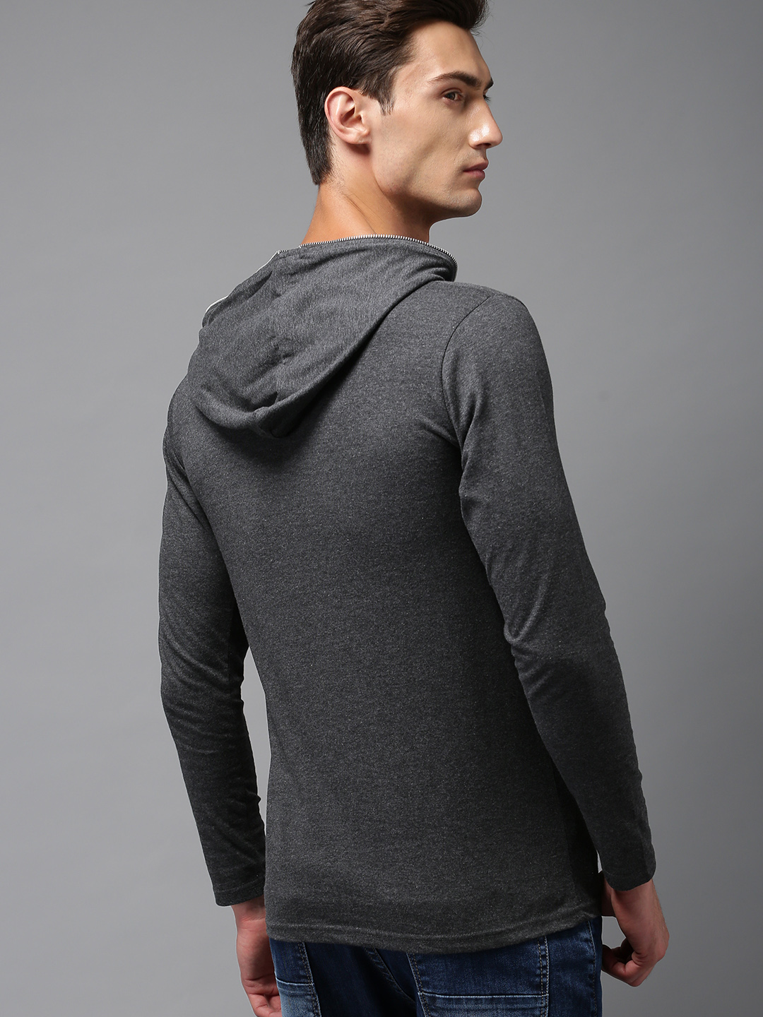 Buy PAUSE Grey Solid Hooded Slim Fit Full Sleeve Men's Zipper T-Shirt ...