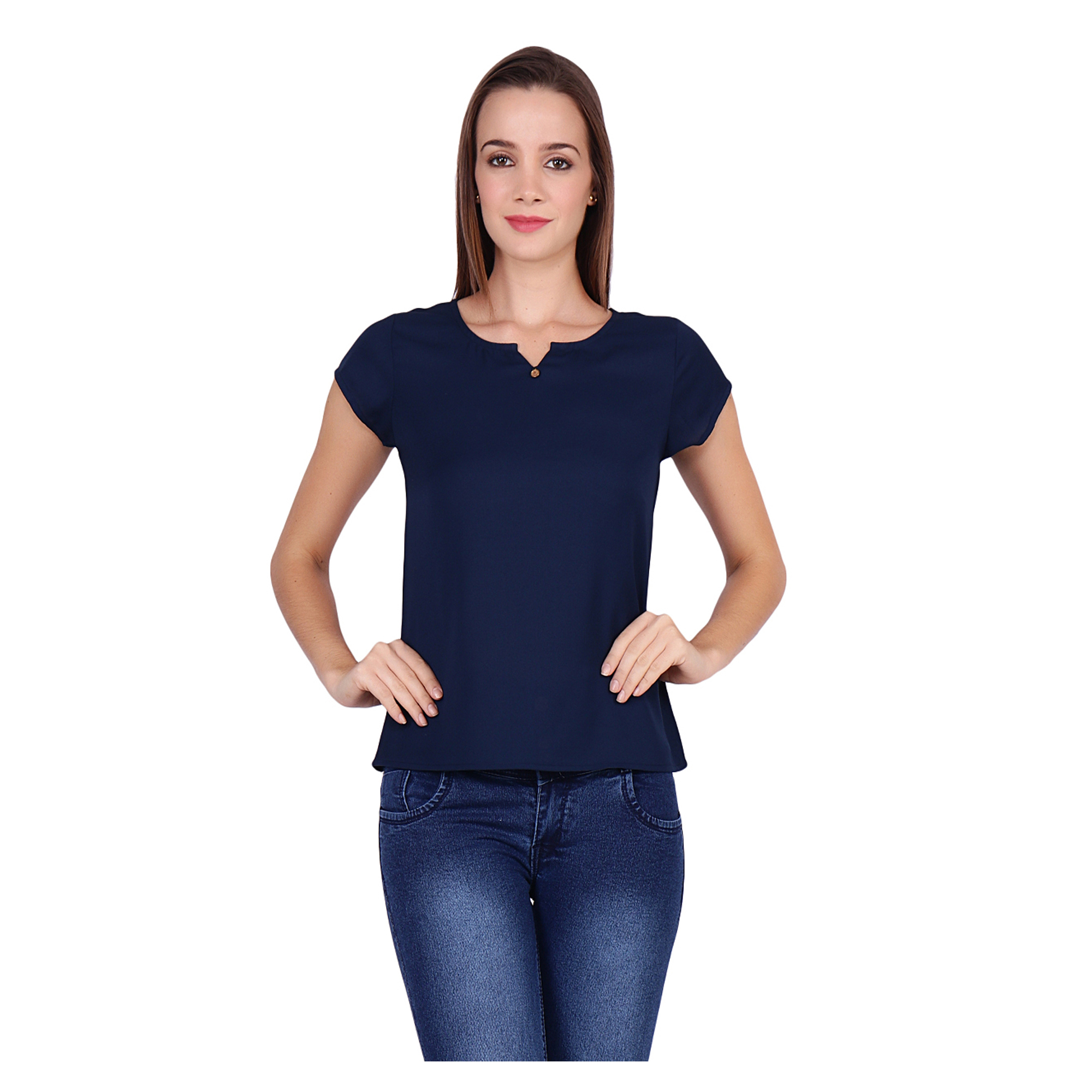 POPWINGS Short Sleeve Round V Neck Poly Moss Fabric Plain Casual Women top Navy Blue