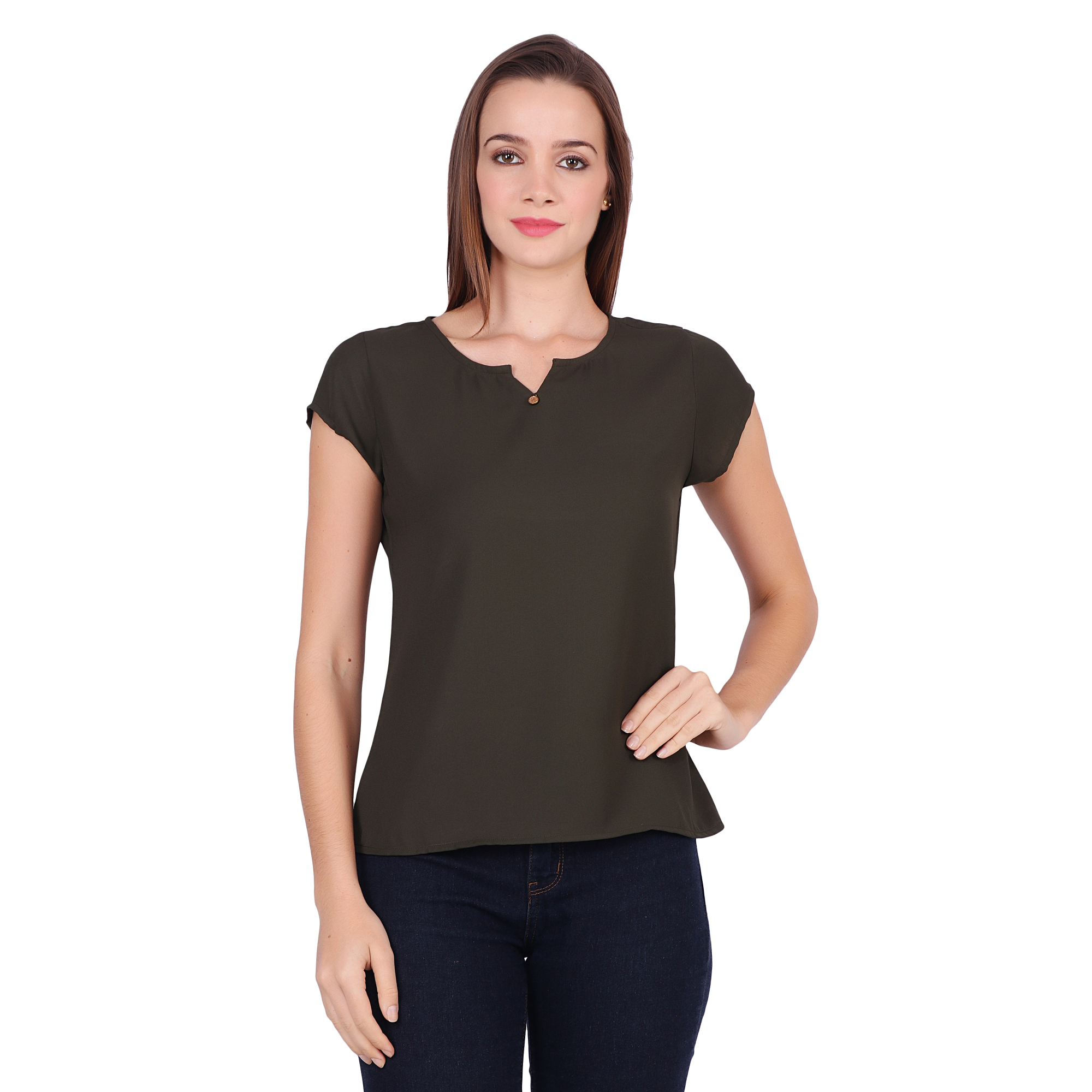 POPWINGS Short Sleeve Round V  Neck Poly Moss Fabric Plain Casual Women top Olive