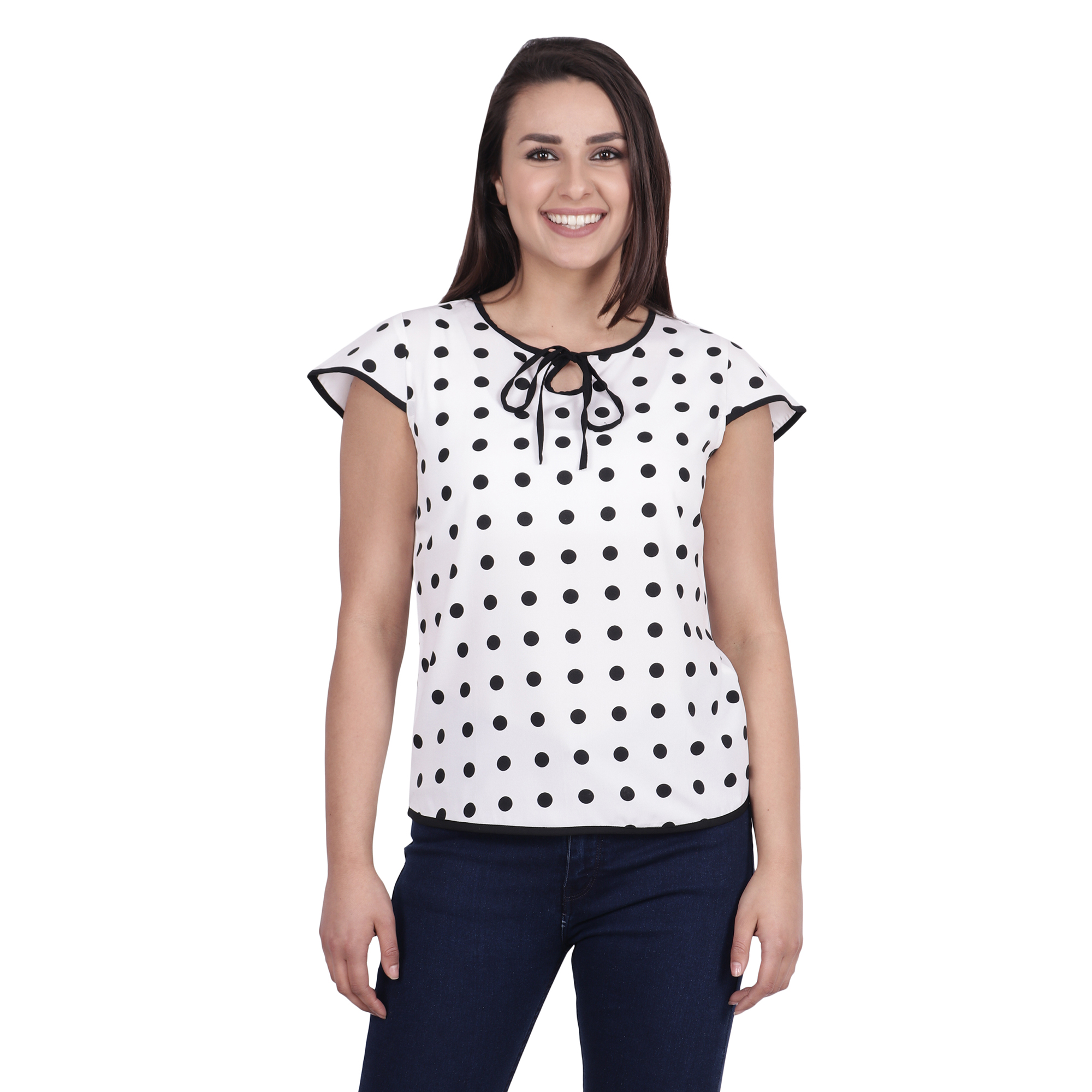 POPWINGS Short Sleeve Keyhole Neck Poly Moss Fabric Polka Dot Printed Casual Women top White