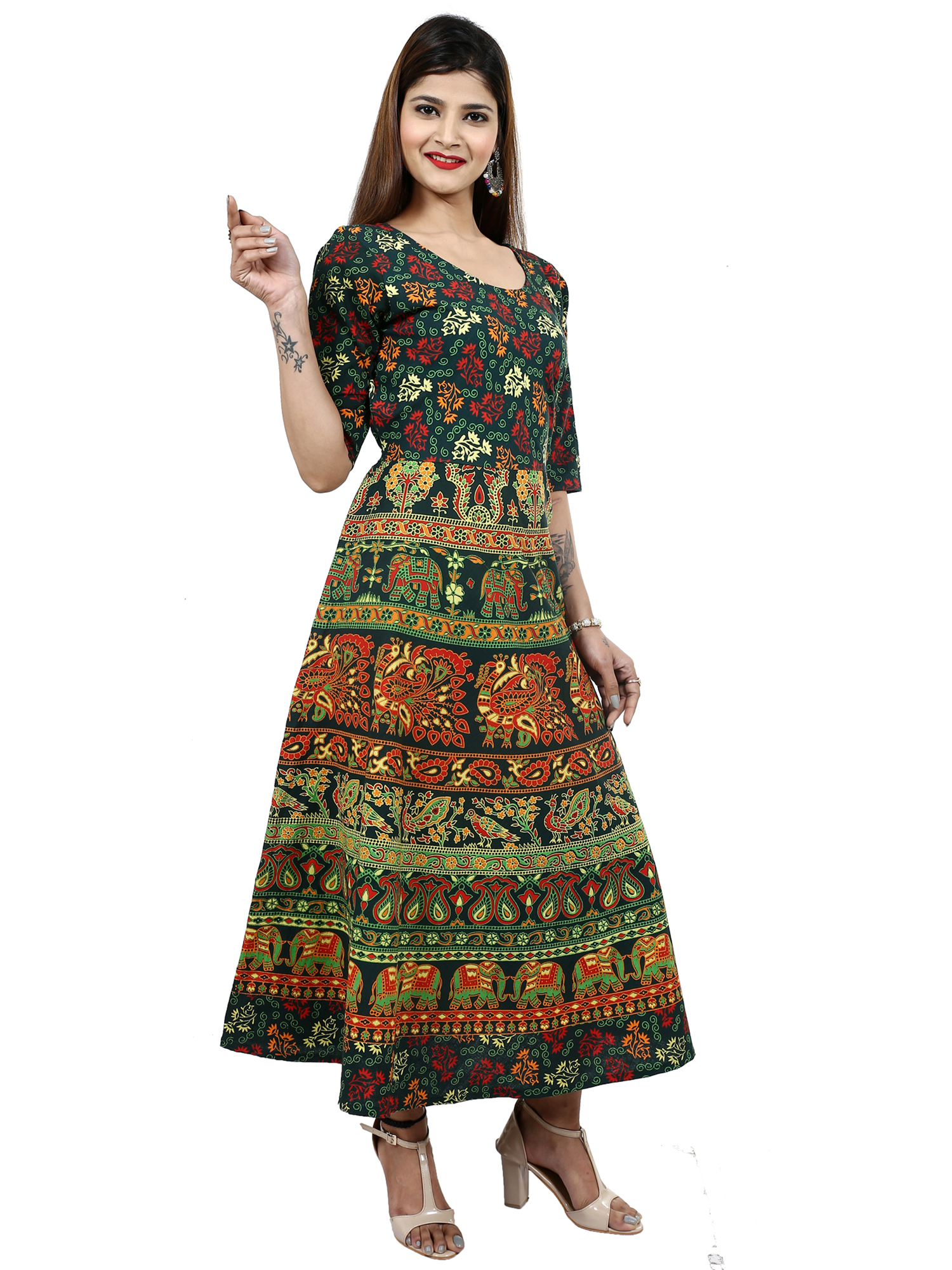 Buy Dhruvi Casual Wear Cotton Long Maxi Dress in Jaipuri Print & Design ...