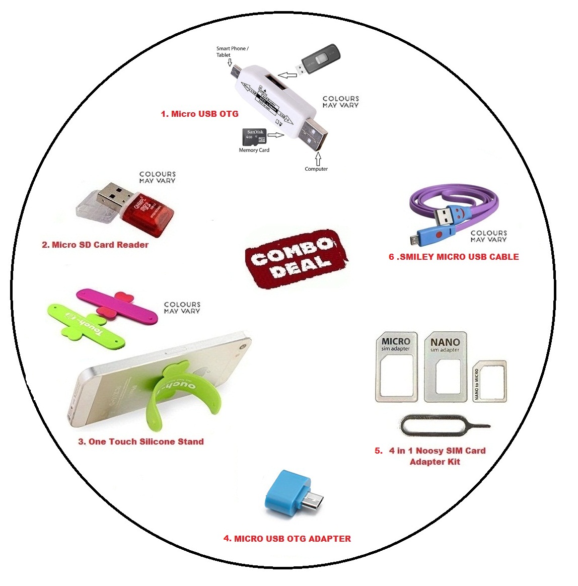 PACK OF 6 CARD READER + MICRO SD CARD READER+ONE TOUCH SILICONE STAND + OTG ADAPTER + NANO SIM ADAPTER + SMILEY CABLE