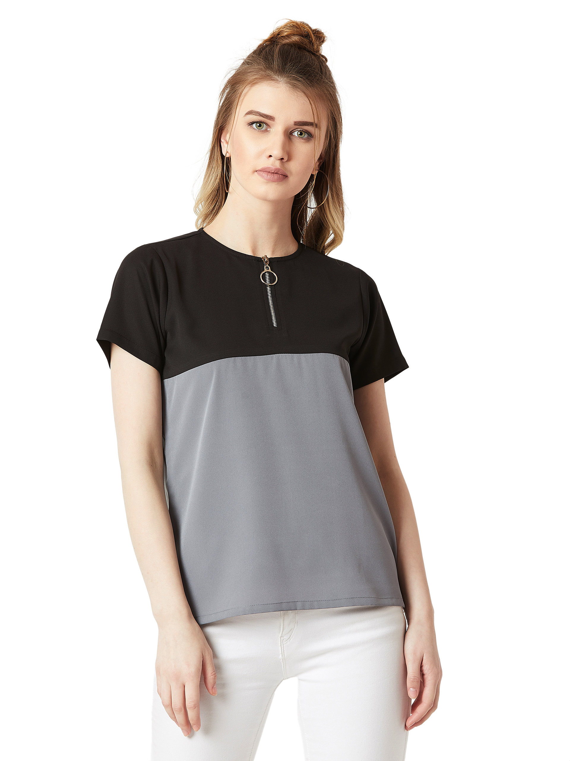Miss Chase Women's Black   Steel Grey Round Neck Short Sleeve Solid Boxy Zip Detailing Colour Block Top