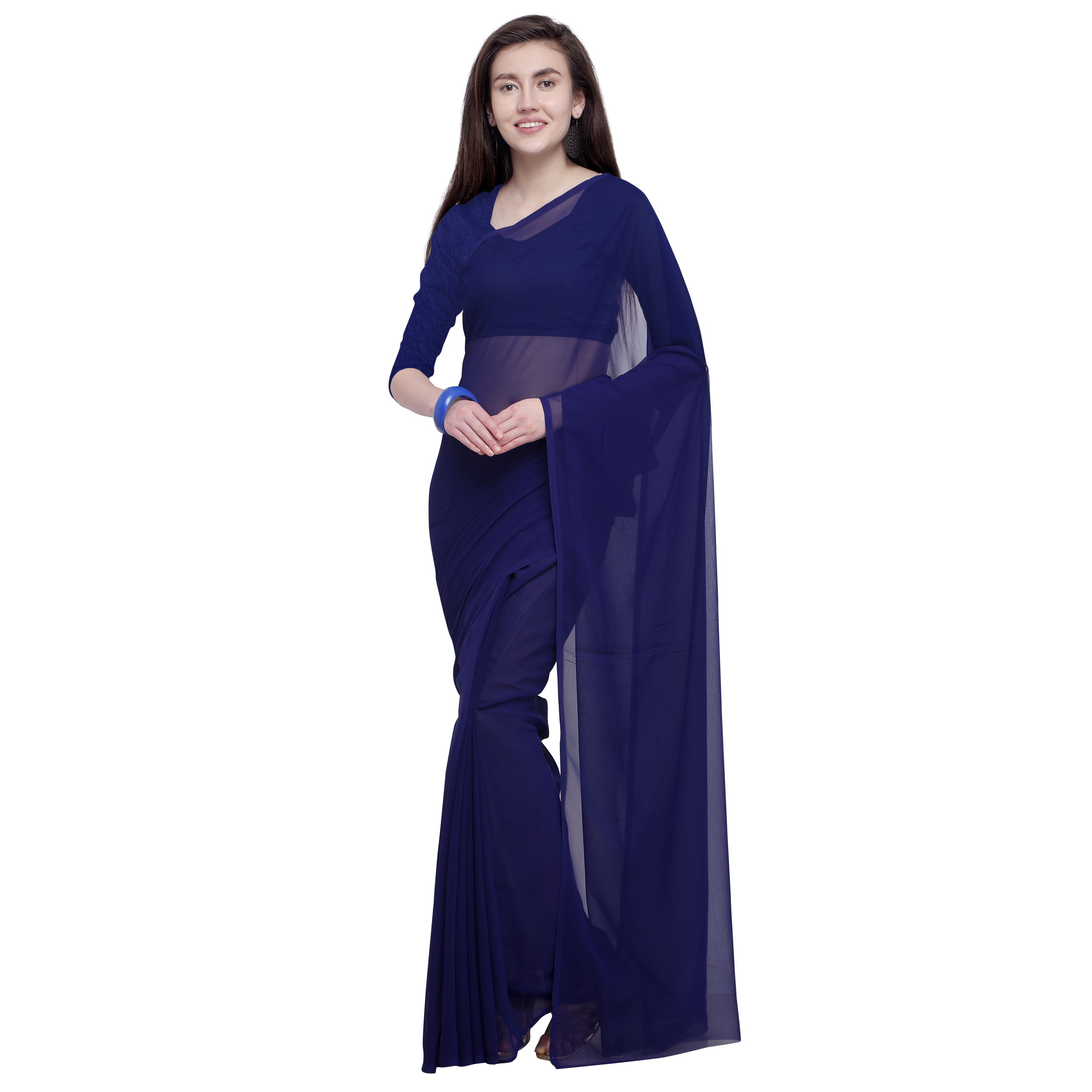 Buy Anand Sarees Dark Blue Color Georgette Solid Plain Saree With With Blouse Unstitched