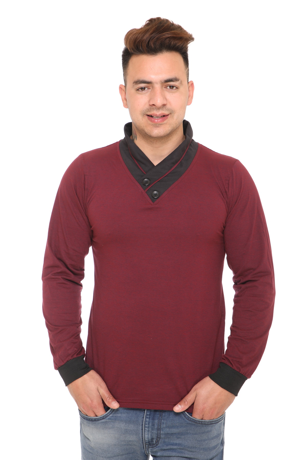 SEVEN SEA MAROON V NECK T SHIRT