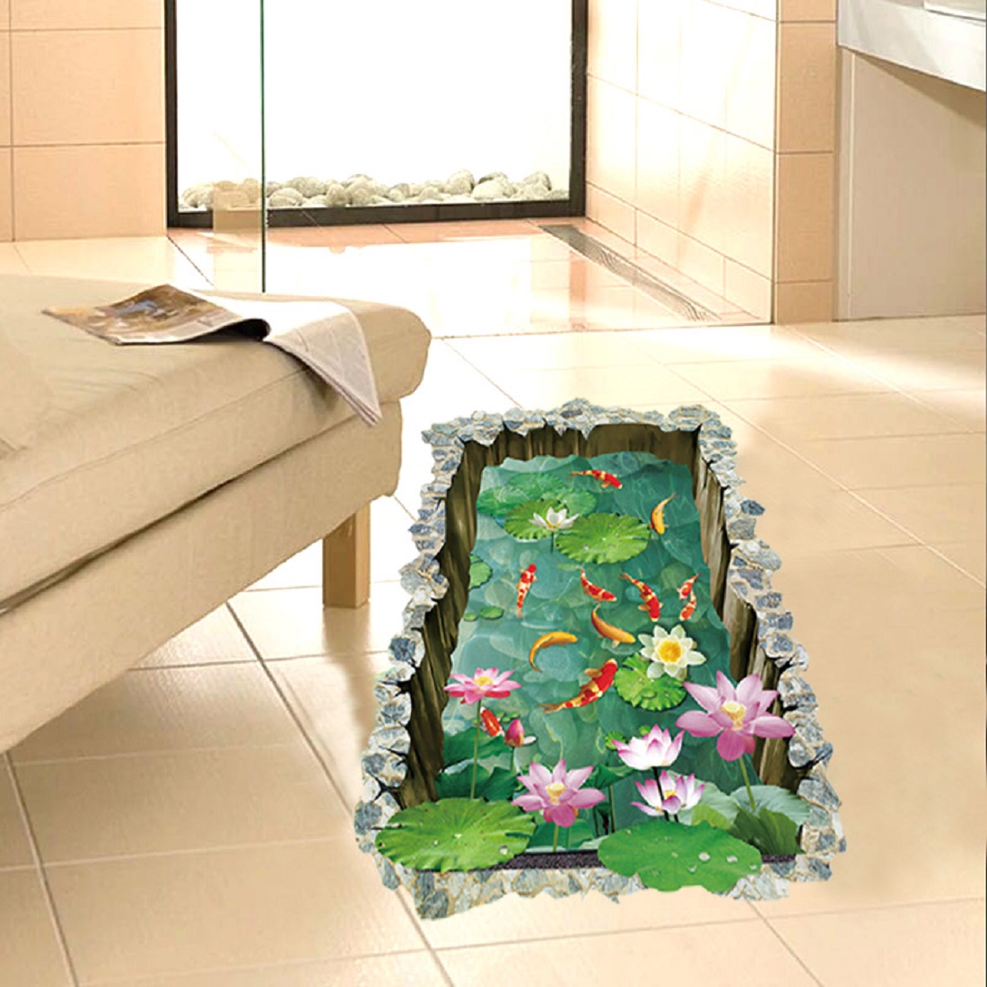 Jaamso Royals 3D Fish Pond Floor Stickers DIY Home Decor Living Room Bedroom Kitchen Bathroom Tile Floor Wall Decals Self Adhesive