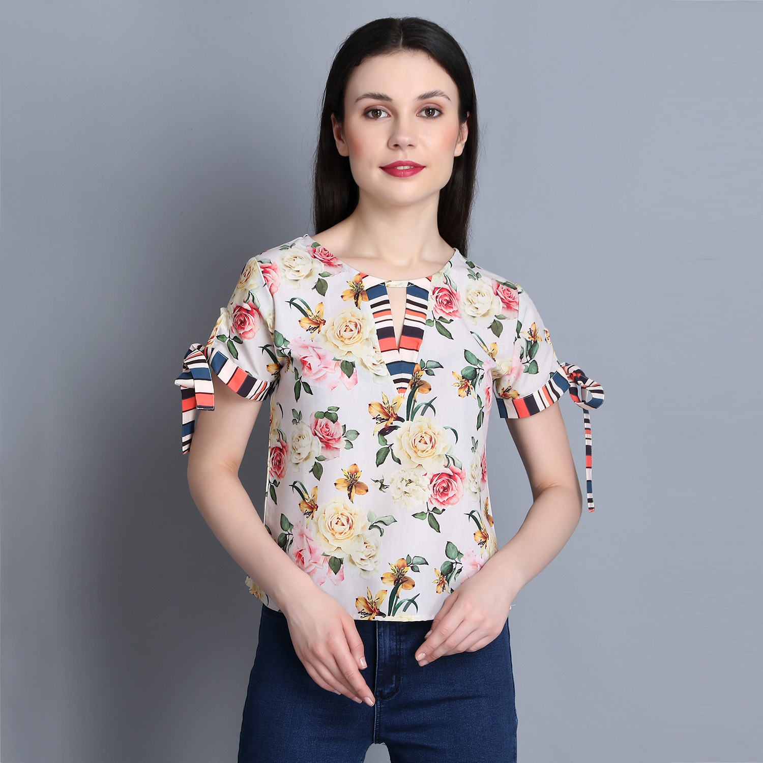 BuyNewTrend Multicolor Rayon Floral Printed Short Sleeve Top For Women