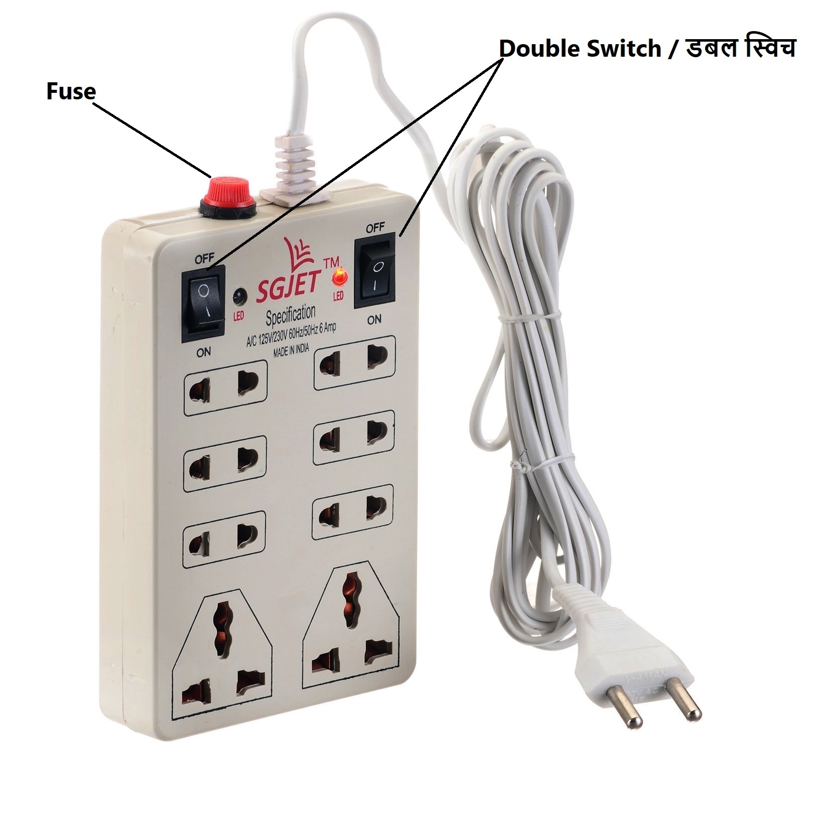 Buy SGJET 2 SWITCHES 8 PLUG POINT EXTENSION CORD Online ₹350 from