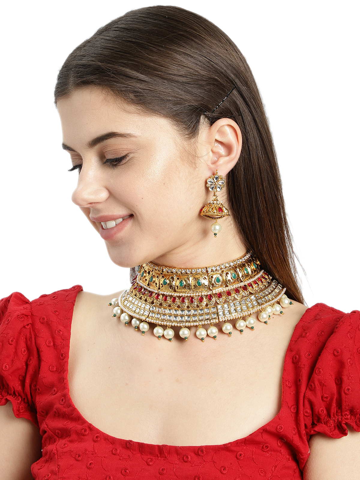 Buy Zaveri Pearls Traditional Gold Tone Bridal Choker Necklace Set For 