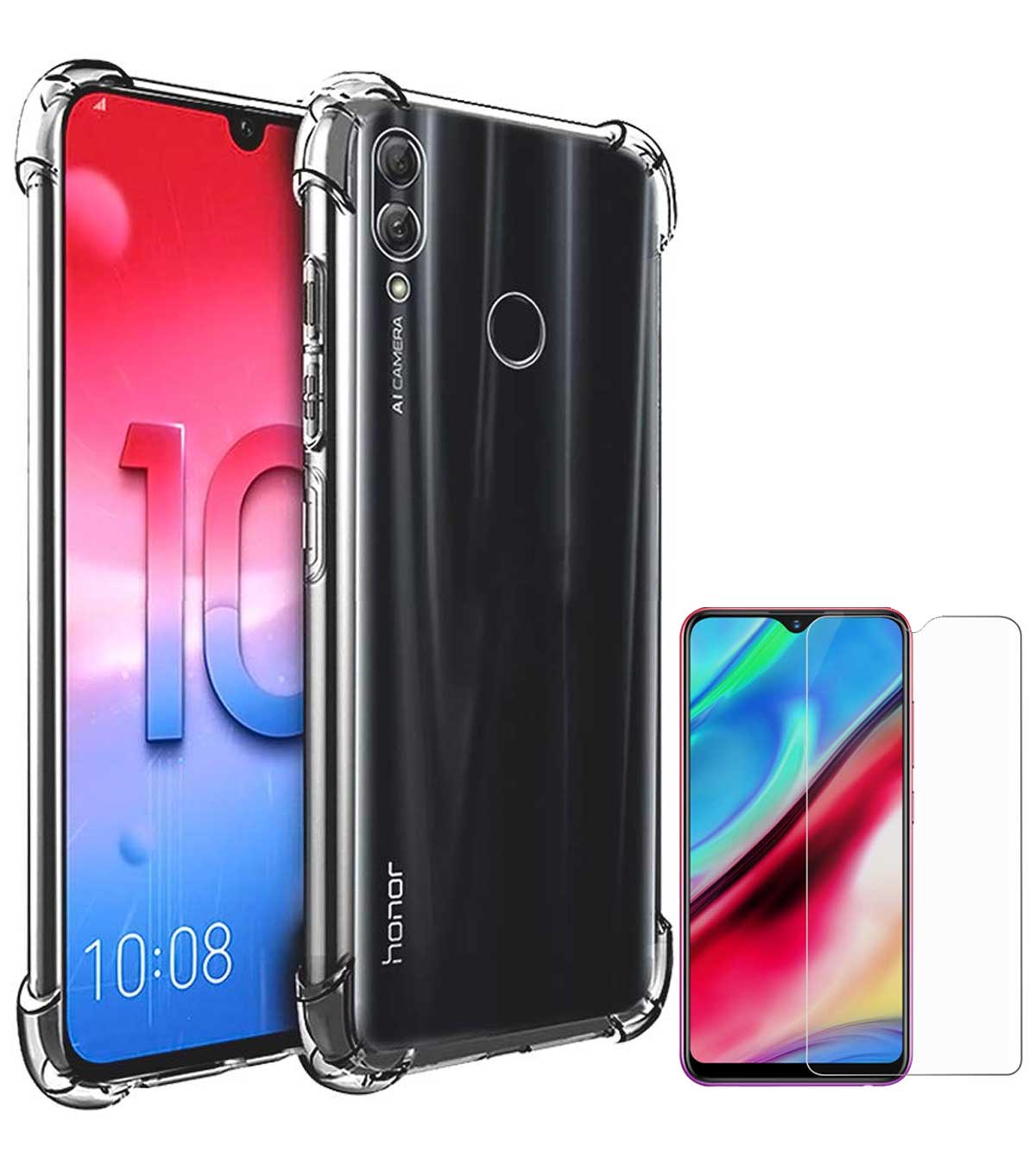 RRTBZ Soft Silicone Bumper Hard Transparent Back Cover for Huawei Honor 10 Lite with Tempered Screen Guard