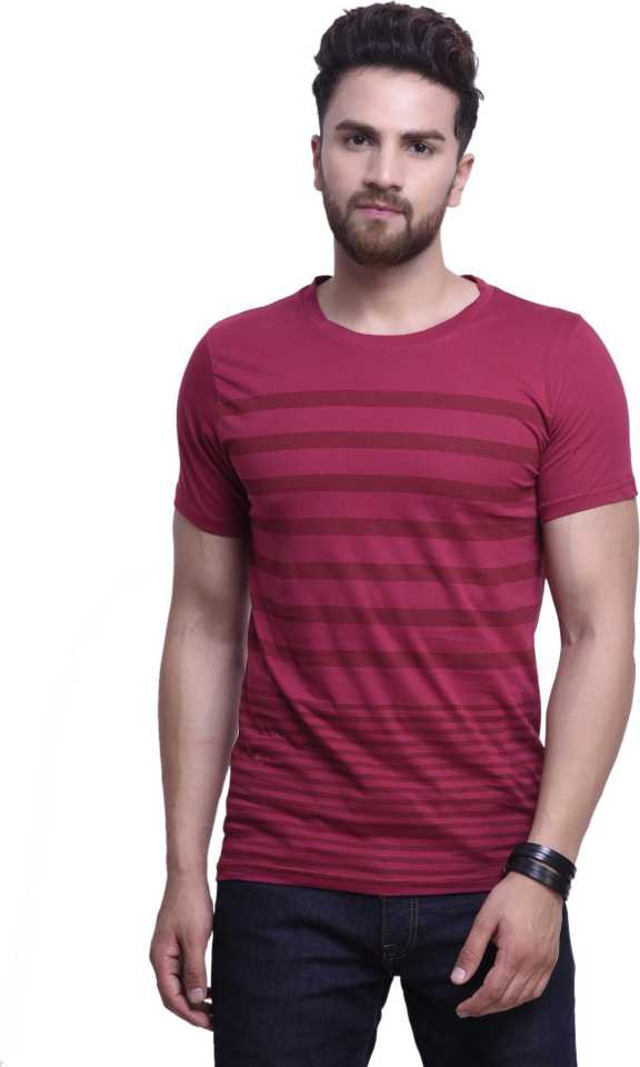 Odoky Maroon Printed Cotton Round Neck Casual T Shirt For Men NR