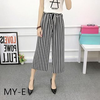 Loose Comfortable White Background Black Stripes Ankle Length Casual Wide Leg Palazzo Pants