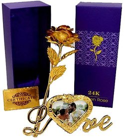 24K Golden Rose and Photo Frame Stand with Beautiful Carry Bag (25 cm, Gold)