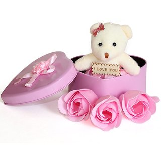 Teddy 3 Rose Flower in Beautiful Heart Shape Box Soft Toy, Artificial Flower Gift Set