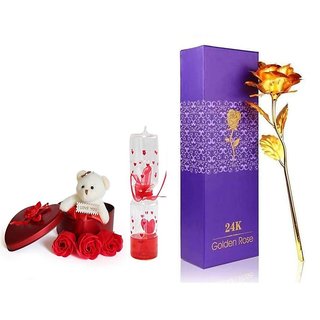 24K Golden Rose with Gift Box and Heart Shape Gift Box with Teddy and Love Meter Combo Gifts Pack Best Valentine's Day Gift