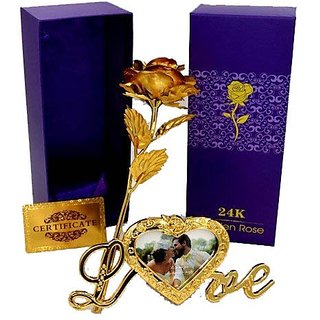 24K Golden Rose and Photo Frame Stand with Beautiful Carry Bag (25 cm, Gold)