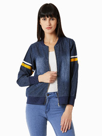 Miss Chase Women's Navy Play With Trims Denim Bomber Jacket
